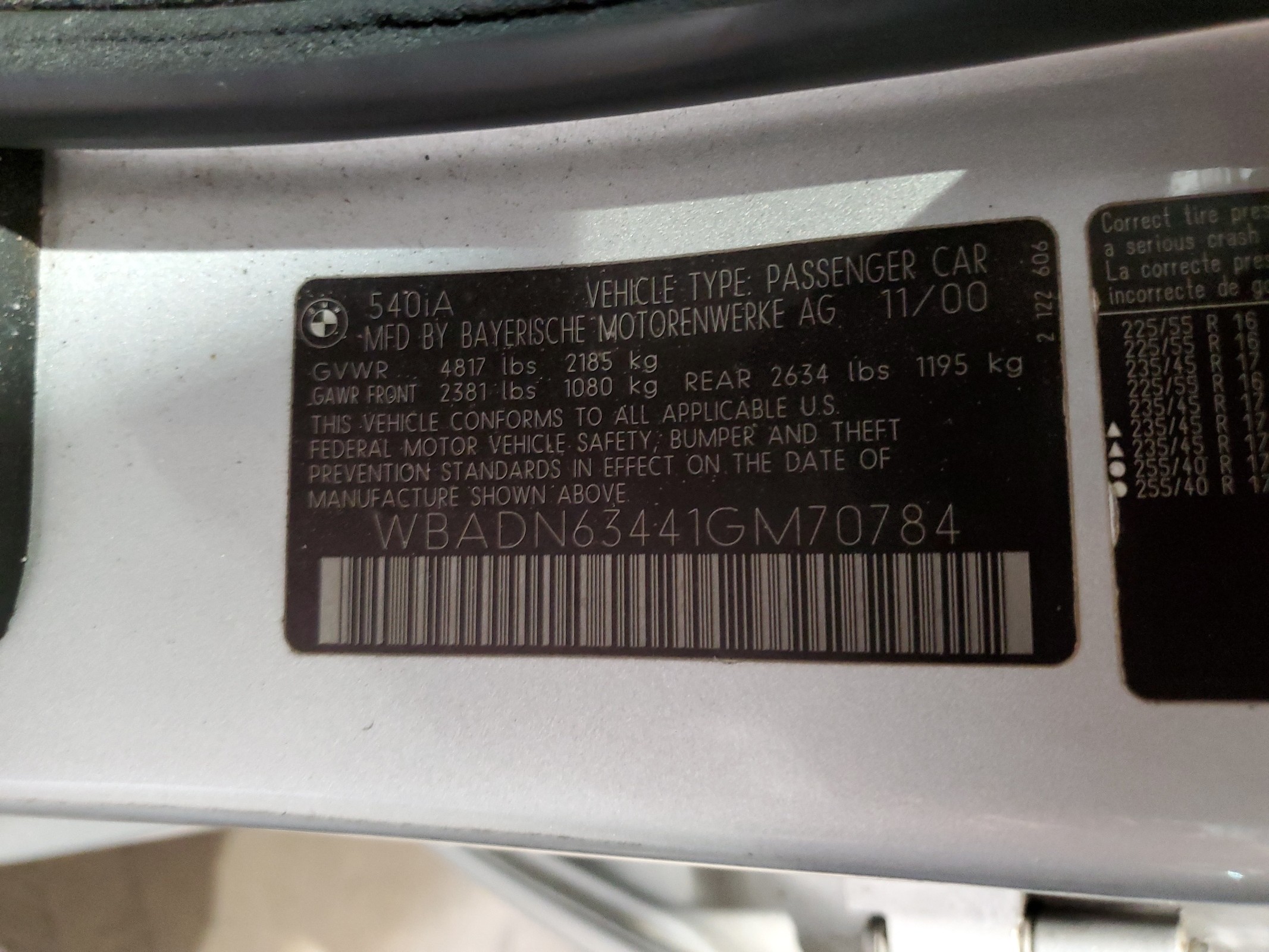 WBADN63441GM70784 2001 BMW 540 I Automatic