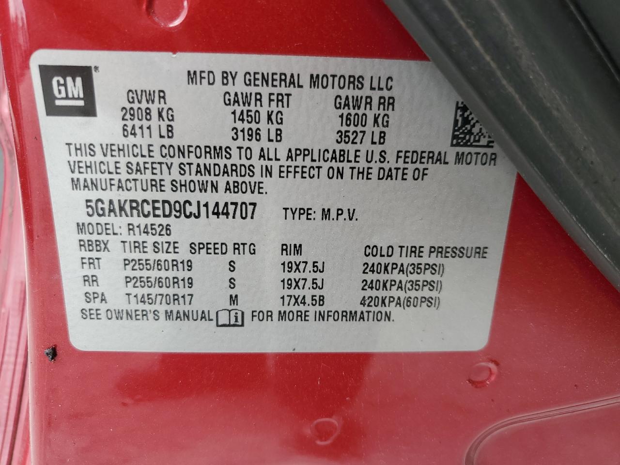 2012 Buick Enclave VIN: 5GAKRCED9CJ144707 Lot: 62287974