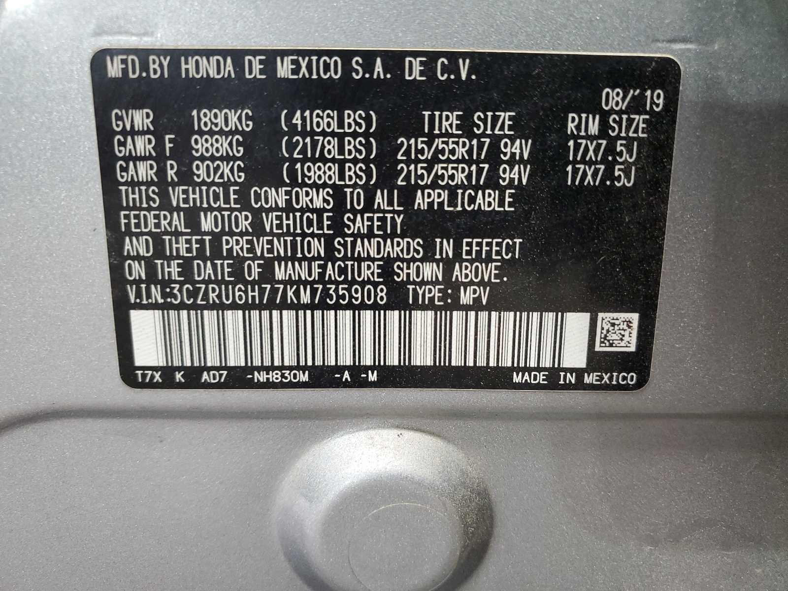 3CZRU6H77KM735908 2019 Honda Hr-V Exl
