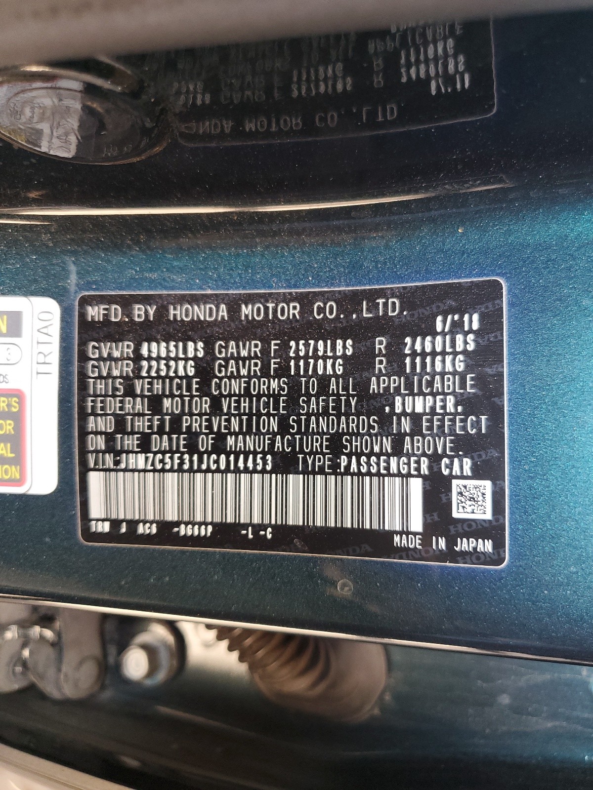 JHMZC5F31JC014453 2018 Honda Clarity Touring