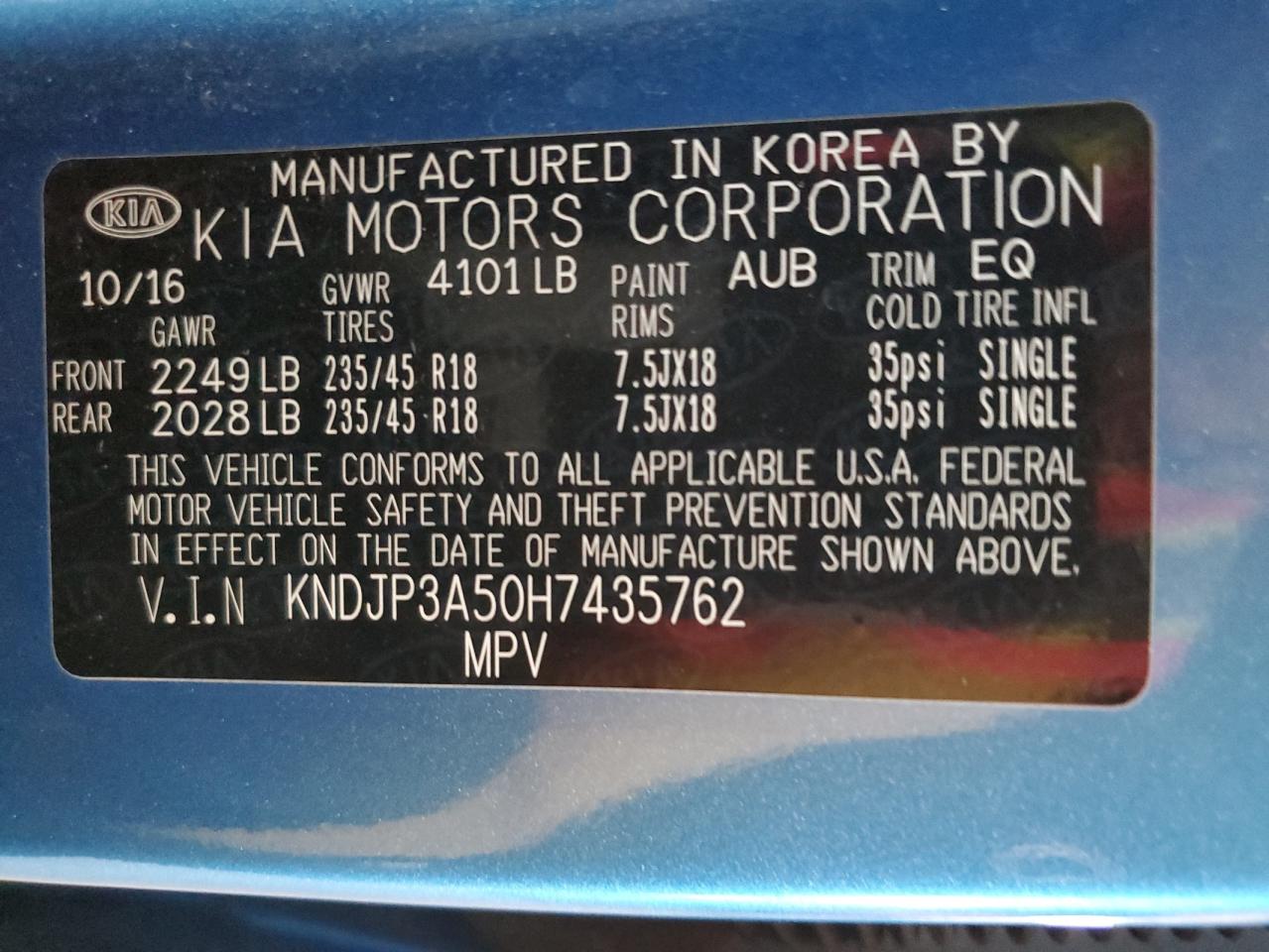 2017 Kia Soul + VIN: KNDJP3A50H7435762 Lot: 61324734