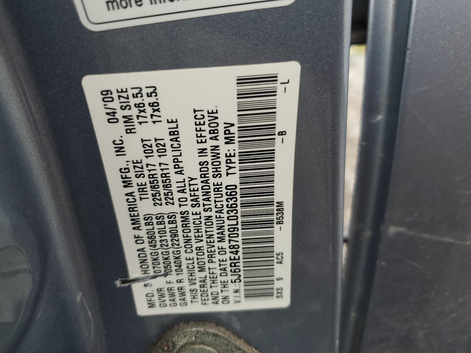 5J6RE48709L036360 2009 Honda Cr-V Exl