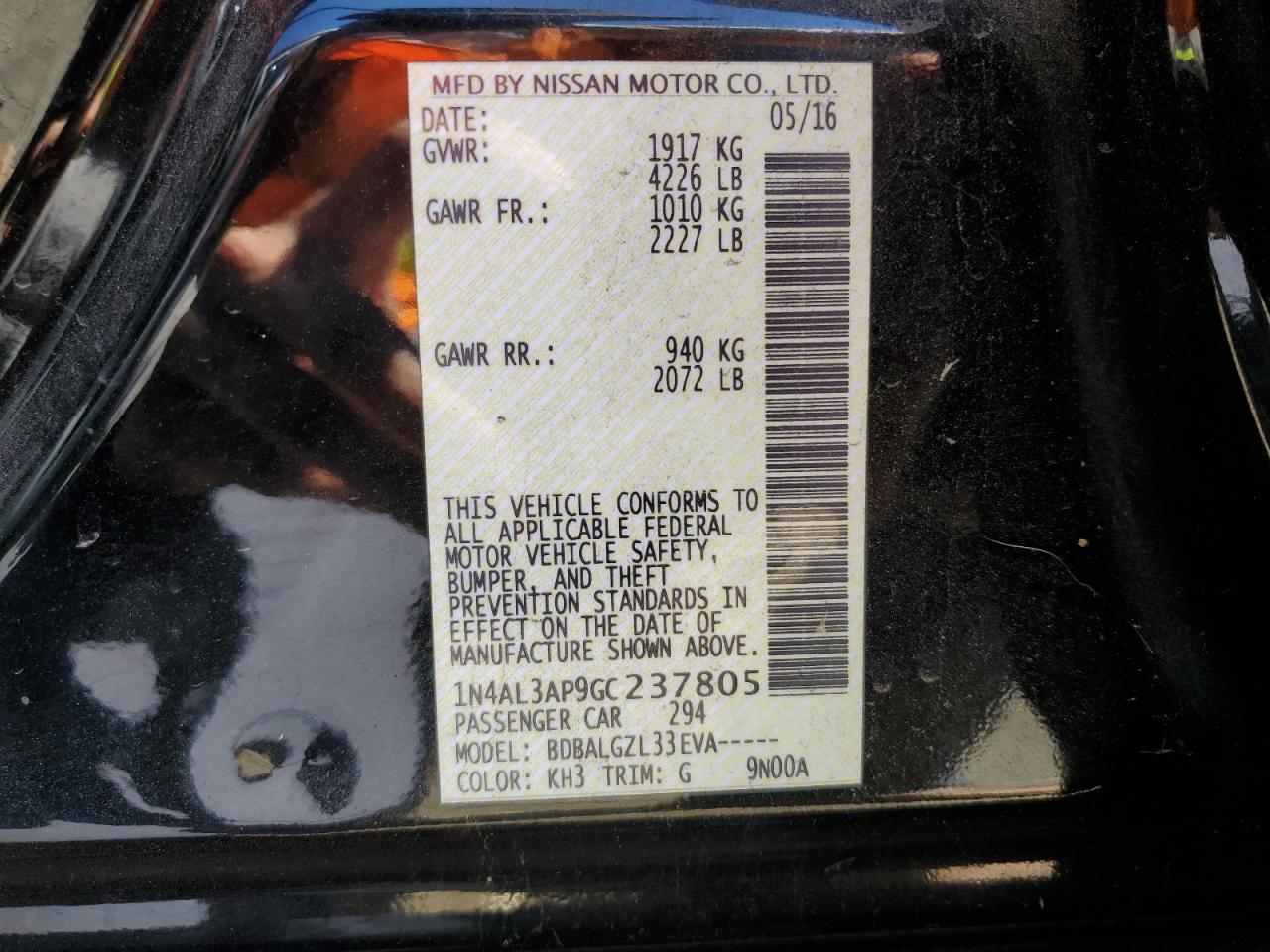 2016 Nissan Altima 2.5 VIN: 1N4AL3AP9GC237805 Lot: 63896064