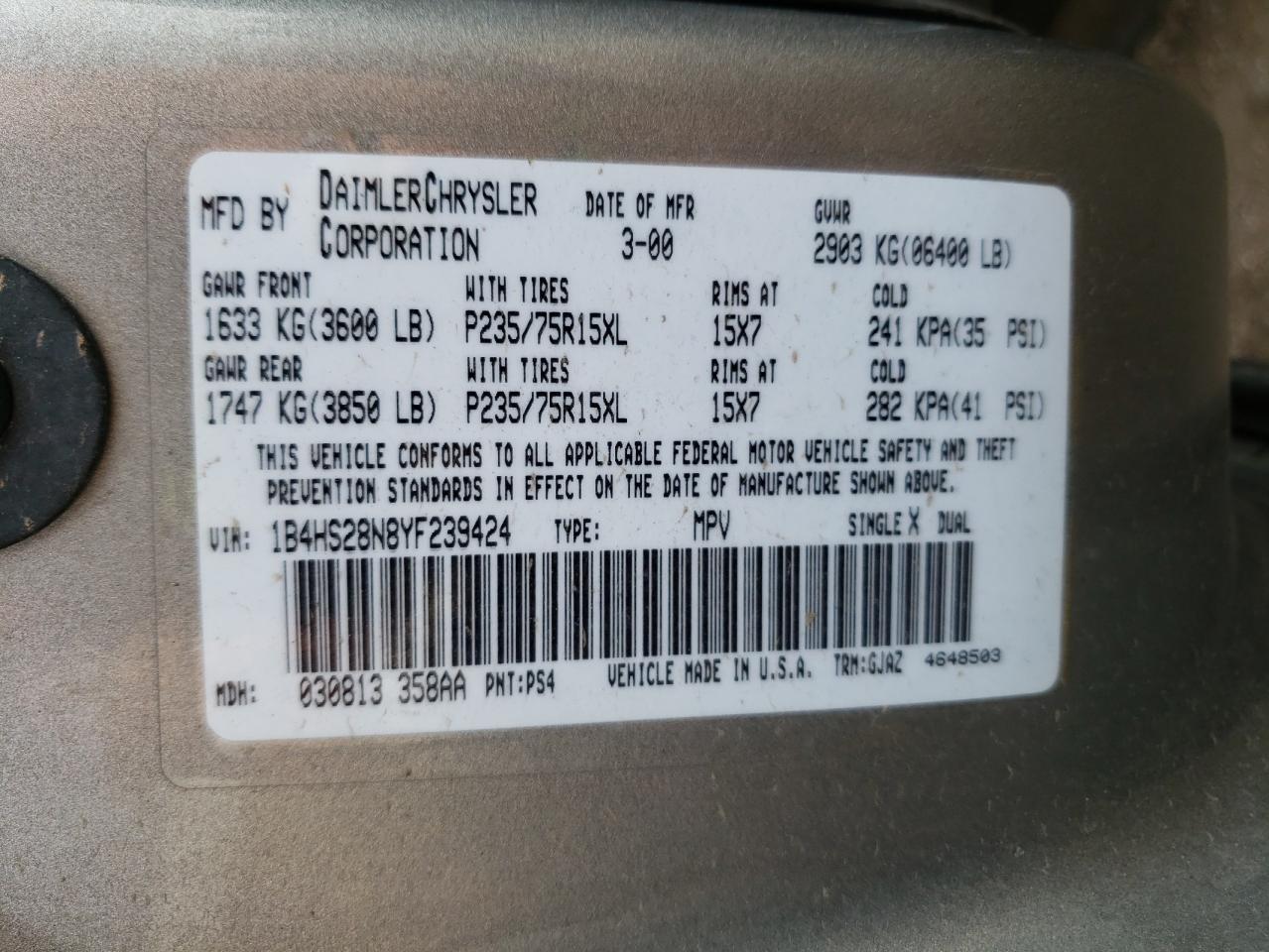 2000 Dodge Durango VIN: 1B4HS28N8YF239424 Lot: 63652844