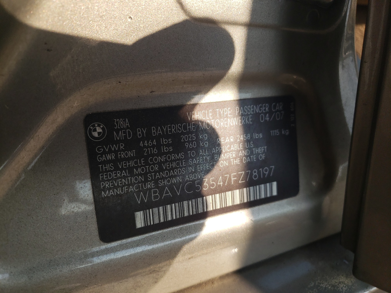 WBAVC53547FZ78197 2007 BMW 328 I Sulev