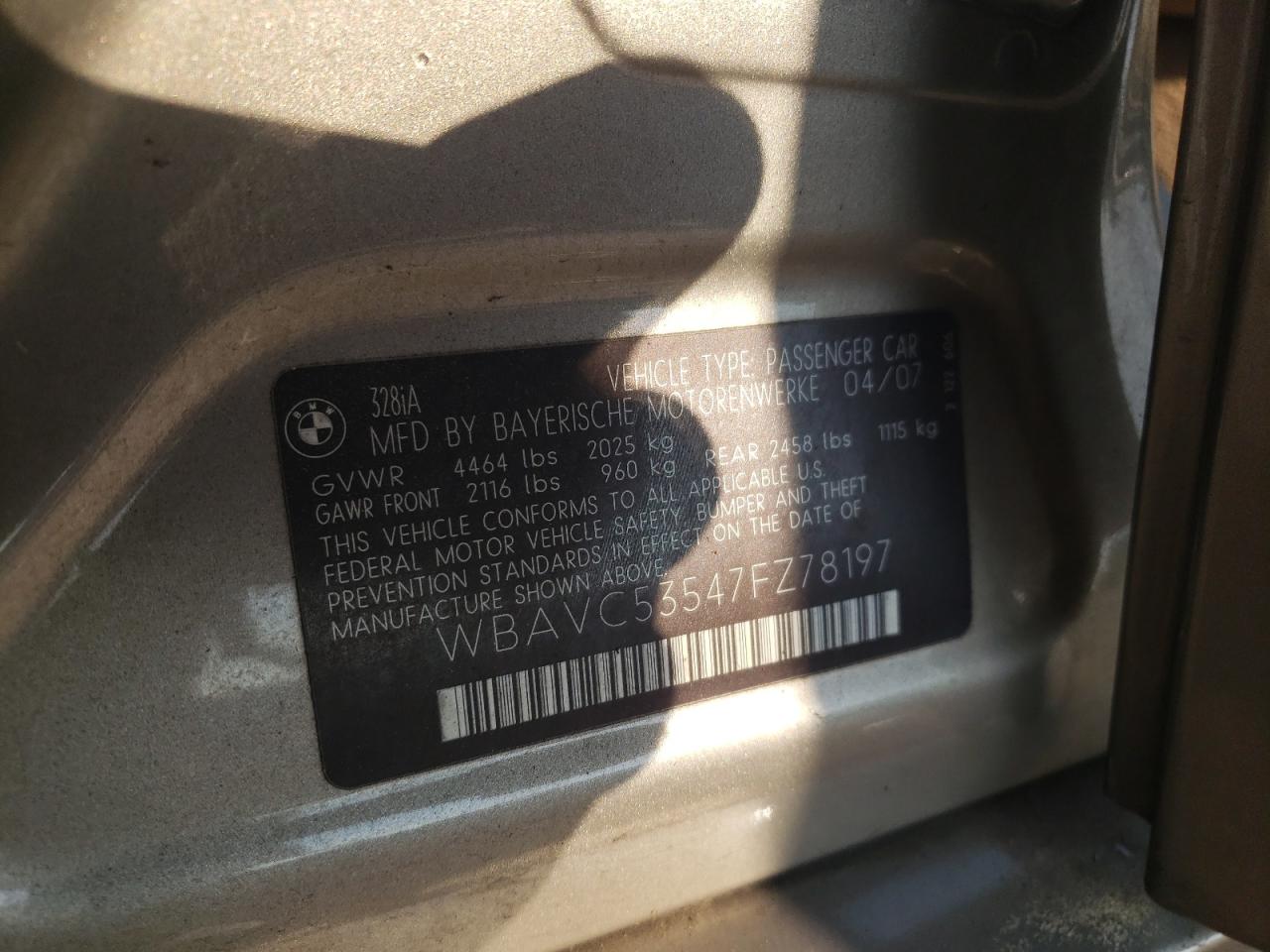 2007 BMW 328 I Sulev VIN: WBAVC53547FZ78197 Lot: 65408534