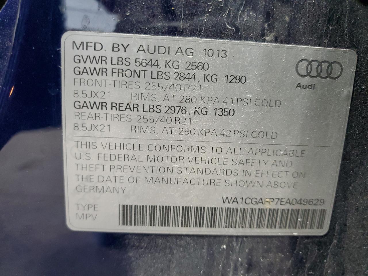 2014 Audi Sq5 Premium Plus VIN: WA1CGAFP7EA049629 Lot: 65639384