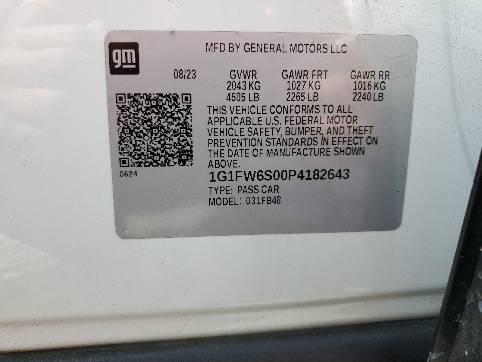 1G1FW6S00P4182643 2023 Chevrolet Bolt Ev 1Lt