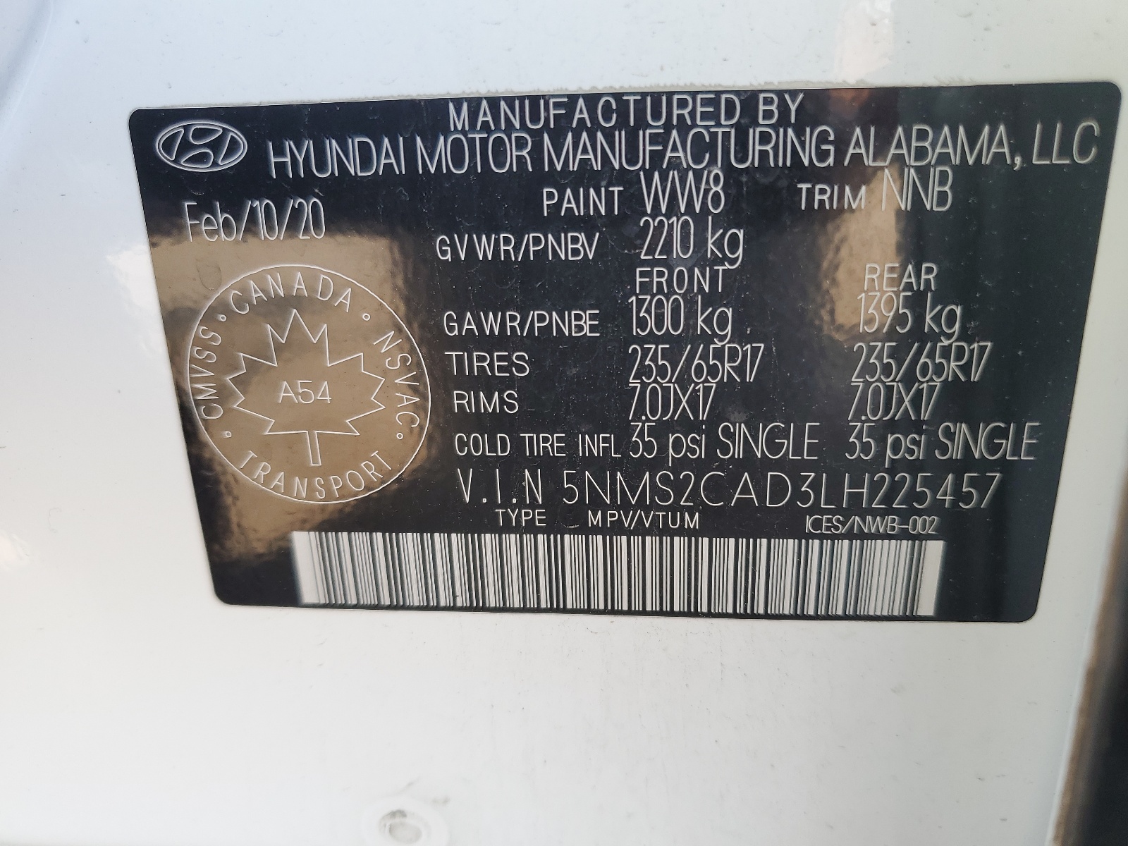 5NMS2CAD3LH225457 2020 Hyundai Santa Fe Se