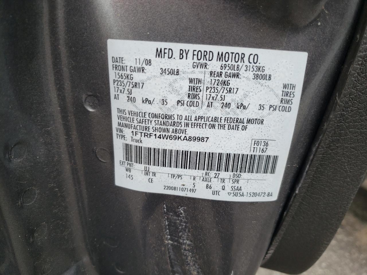 2009 Ford F150 VIN: 1FTRF14W69KA89987 Lot: 63631624