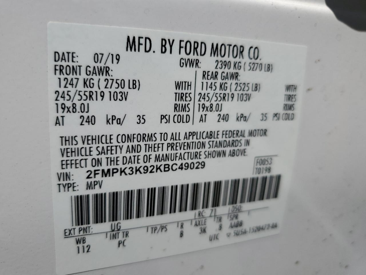 2019 Ford Edge Titanium VIN: 2FMPK3K92KBC49029 Lot: 63134814