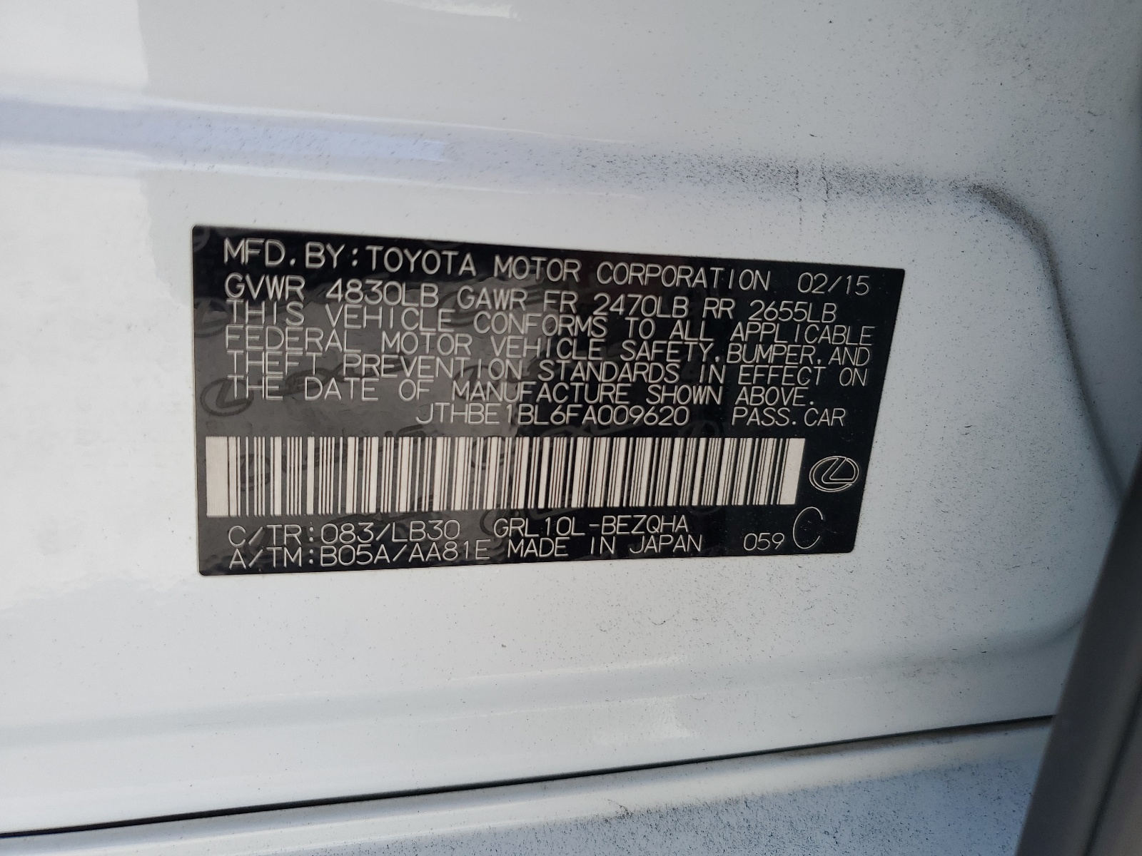 JTHBE1BL6FA009620 2015 Lexus Gs 350