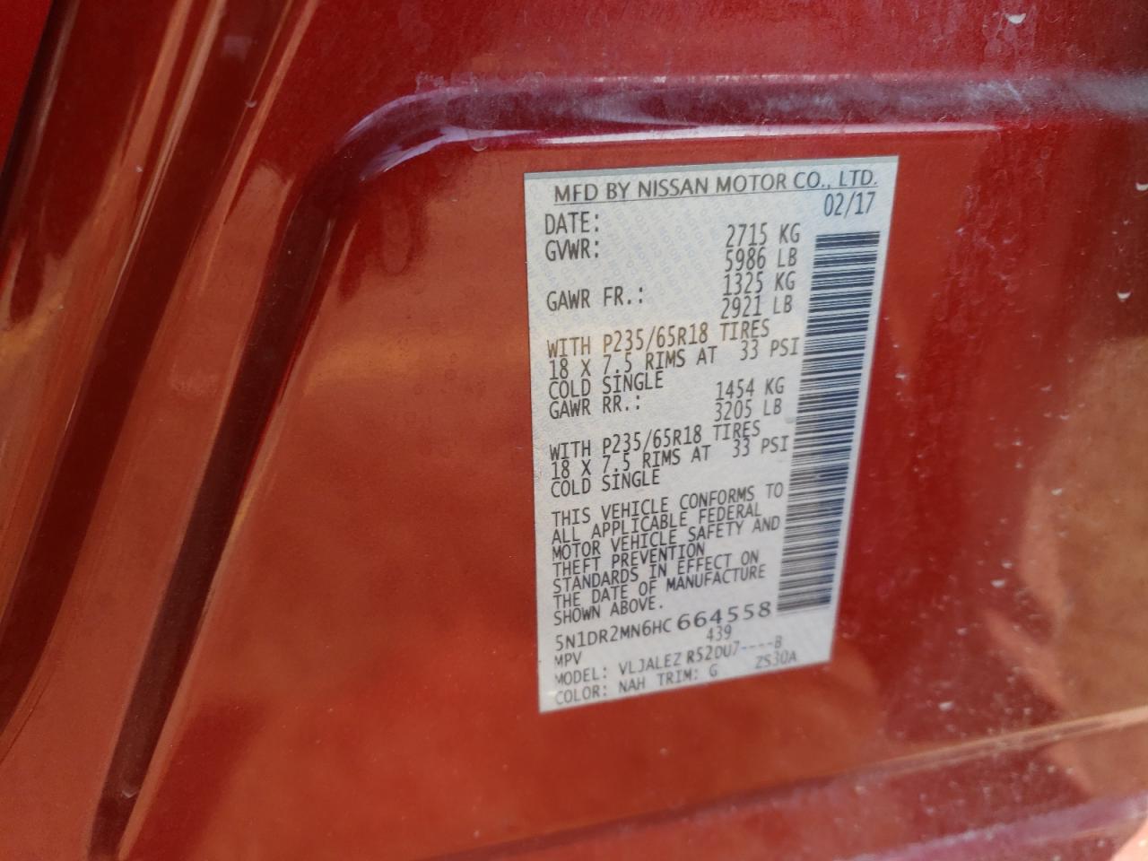 2017 Nissan Pathfinder S VIN: 5N1DR2MN6HC664558 Lot: 64560214