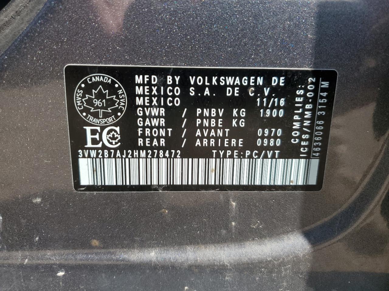 2017 Volkswagen Jetta S VIN: 3VW2B7AJ2HM278472 Lot: 64859234