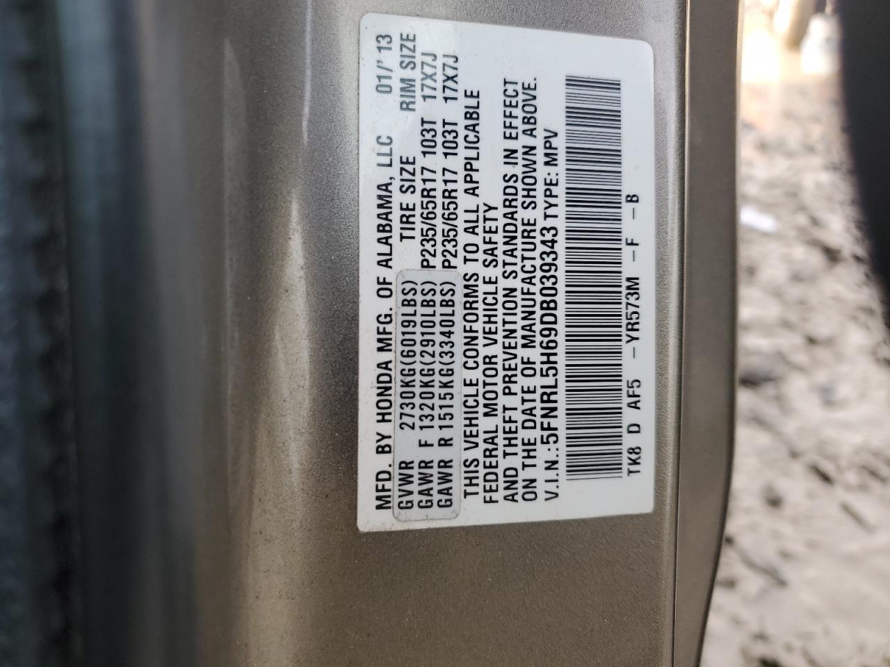 2013 Honda Odyssey Exl VIN: 5FNRL5H69DB039343 Lot: 63555614