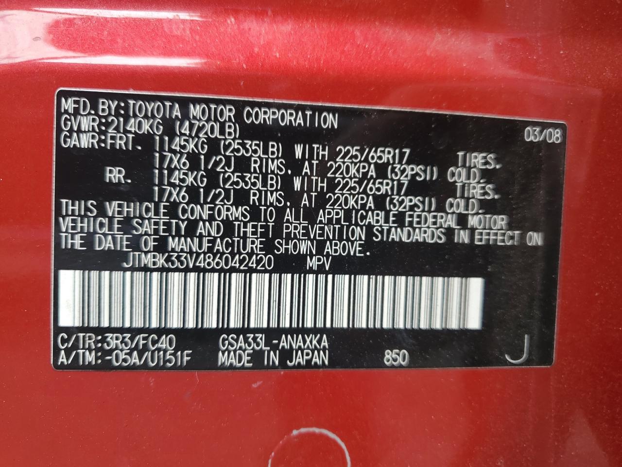 2008 Toyota Rav4 VIN: JTMBK33V486042420 Lot: 61384874