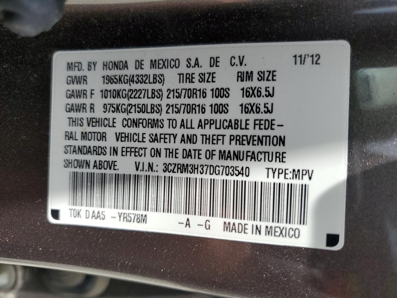 3CZRM3H37DG703540 2013 Honda Cr-V Lx