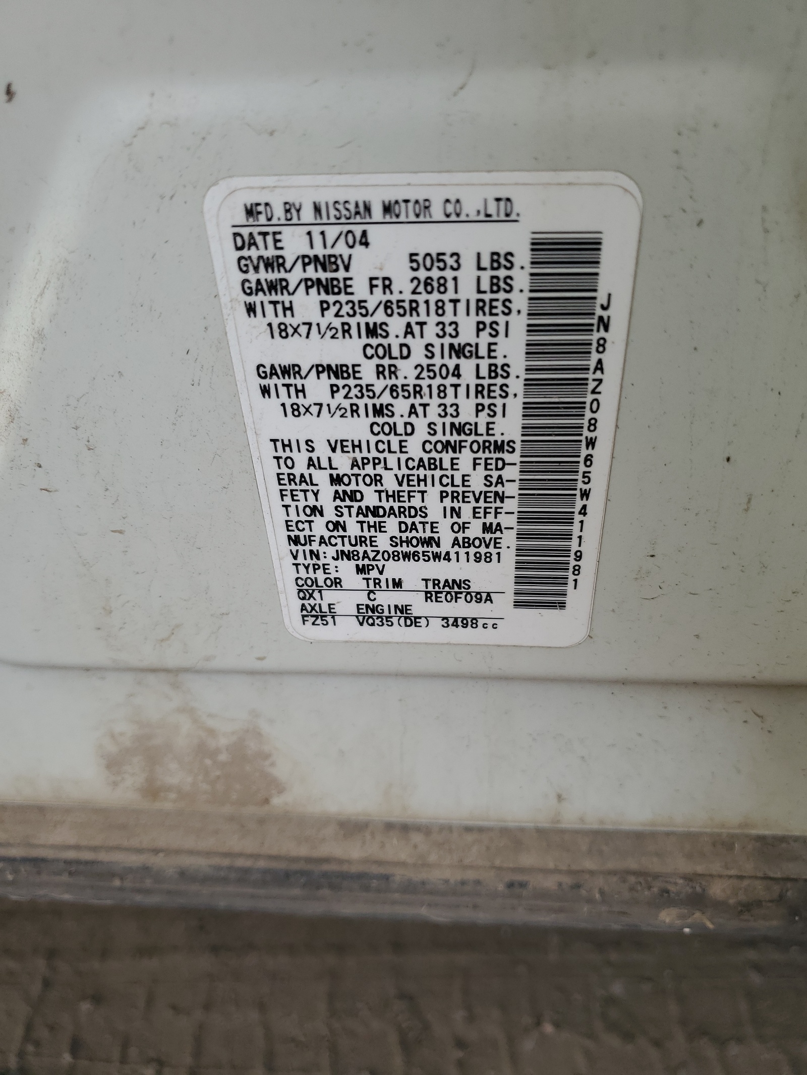 JN8AZ08W65W411981 2005 Nissan Murano Sl