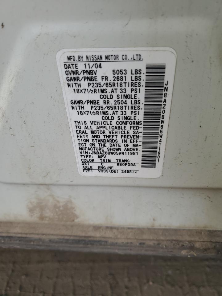 2005 Nissan Murano Sl VIN: JN8AZ08W65W411981 Lot: 63175224