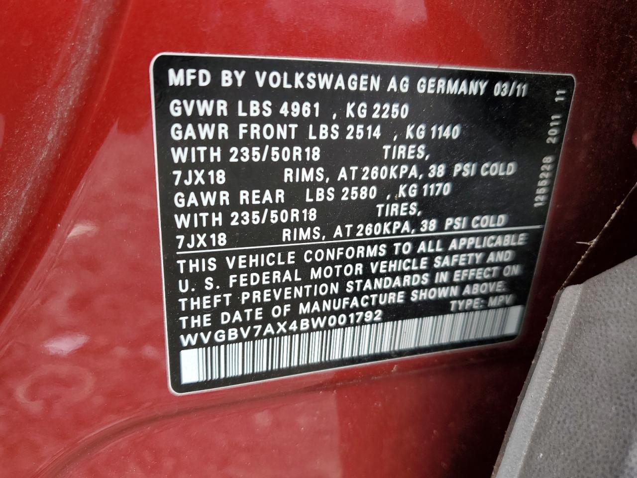 2011 Volkswagen Tiguan S VIN: WVGBV7AX4BW001792 Lot: 64619244