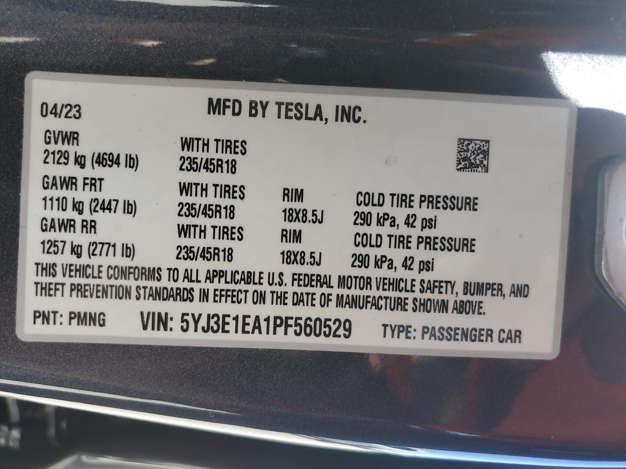 2023 Tesla Model 3 VIN: 5YJ3E1EA1PF560529 Lot: 61446094