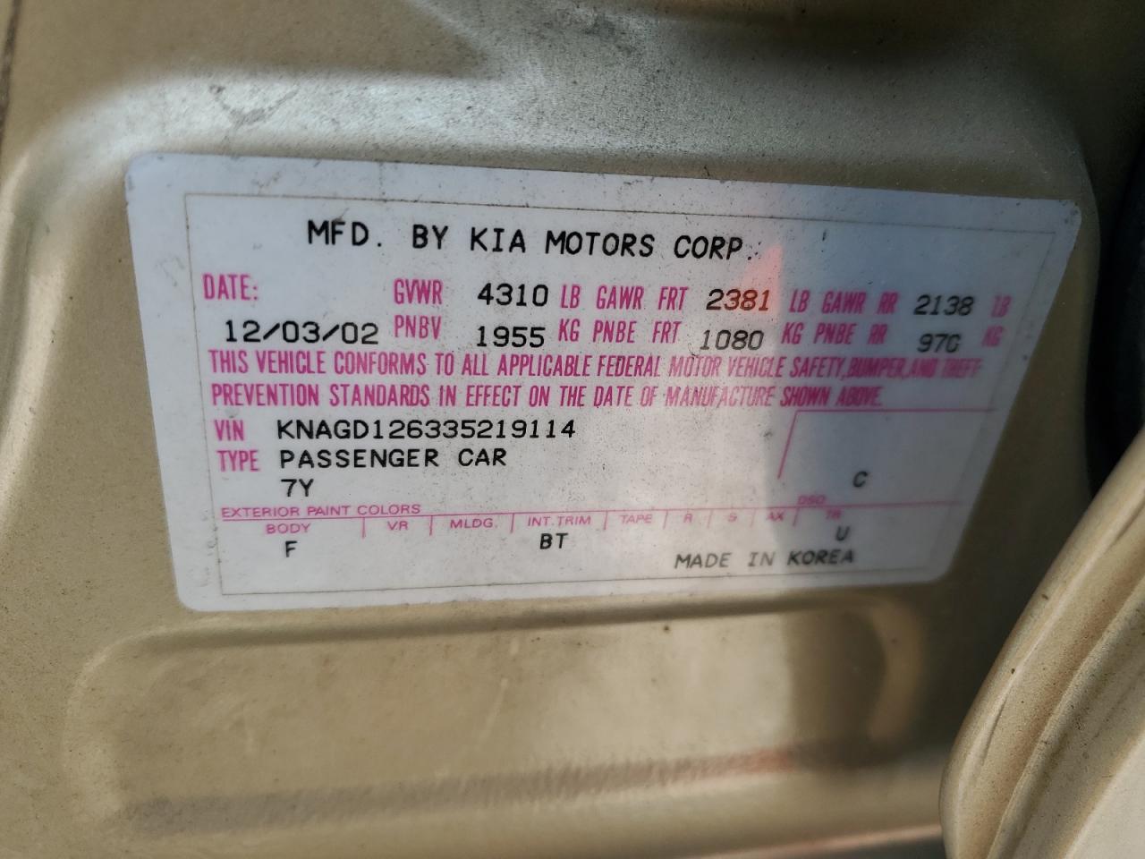 2003 Kia Optima Lx VIN: KNAGD126335219114 Lot: 64848324