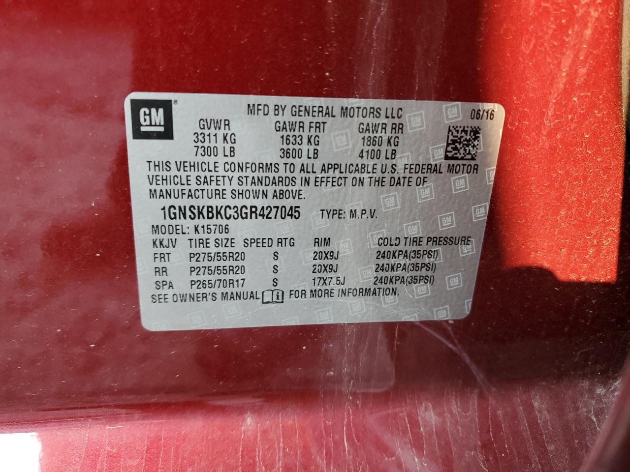 2016 Chevrolet Tahoe K1500 Lt VIN: 1GNSKBKC3GR427045 Lot: 63264354