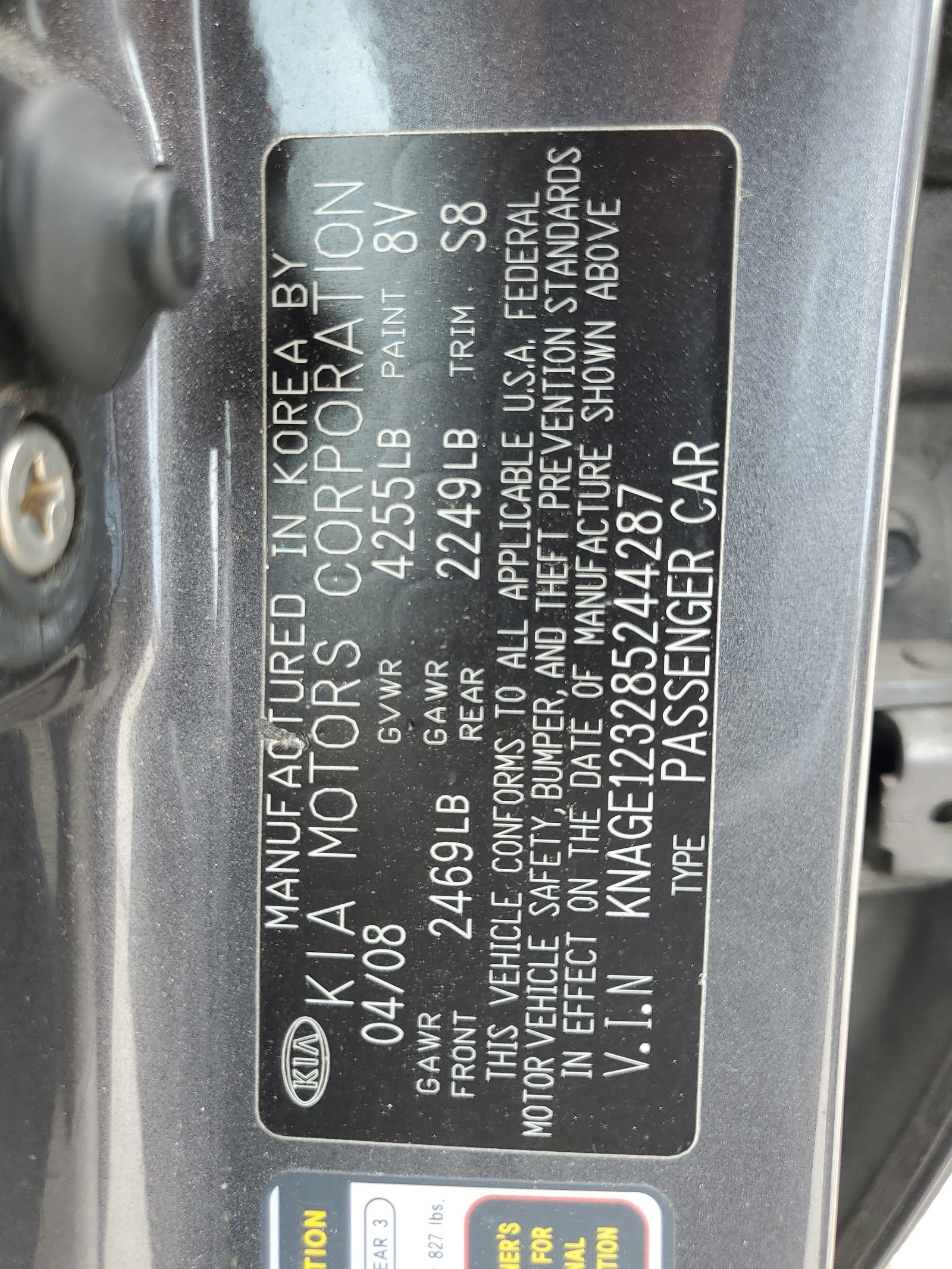 KNAGE123285244287 2008 Kia Optima Lx