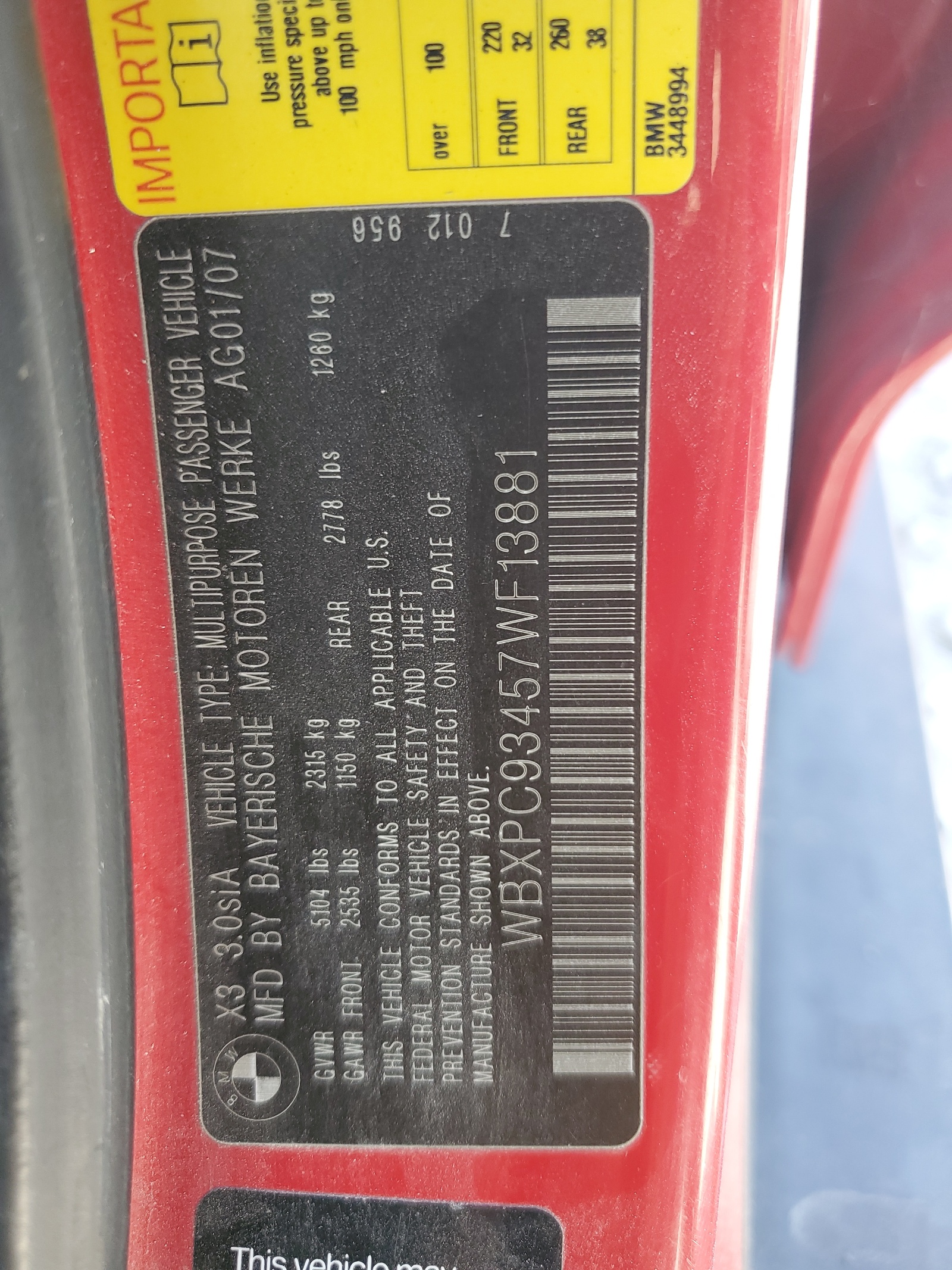 WBXPC93457WF13881 2007 BMW X3 3.0Si