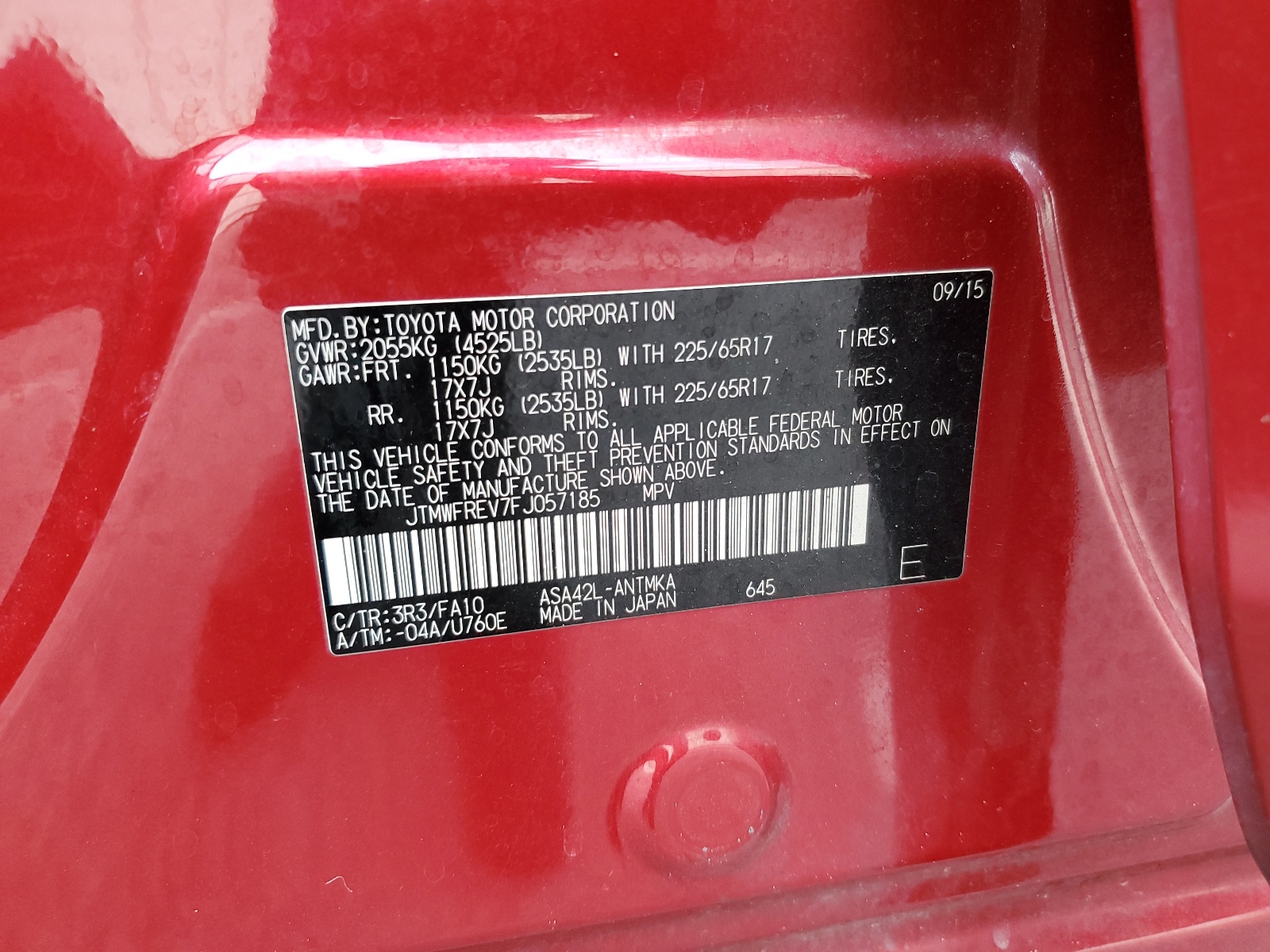 JTMWFREV7FJ057185 2015 Toyota Rav4 Xle