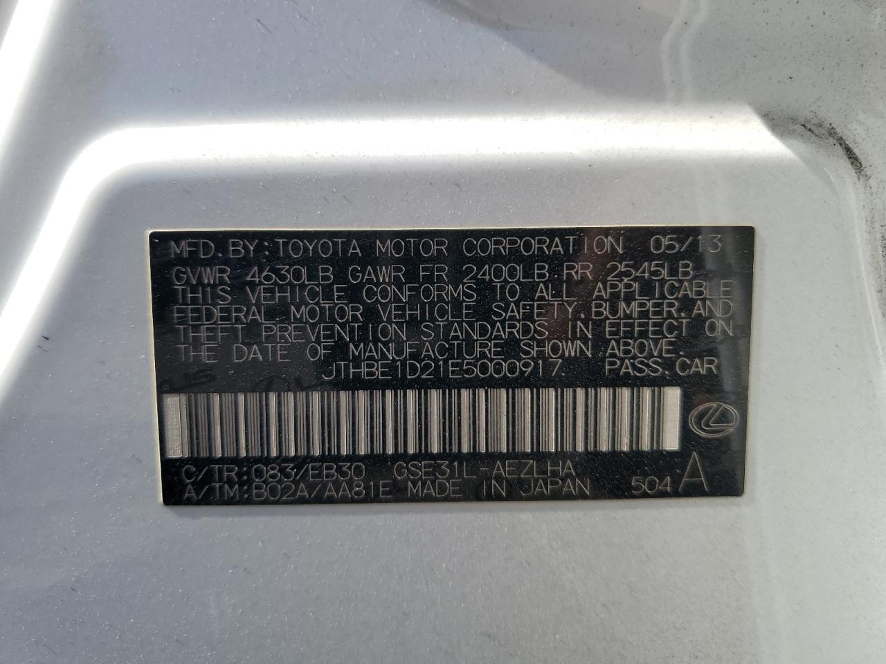 2014 Lexus Is 350 VIN: JTHBE1D21E5000917 Lot: 65441654