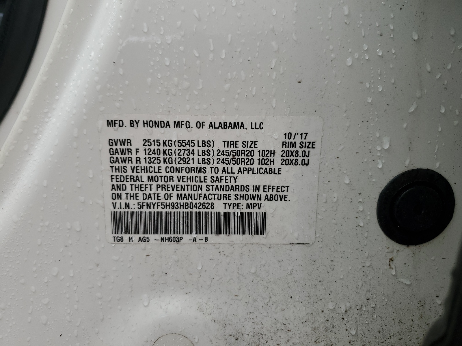 5FNYF5H93HB042628 2017 Honda Pilot Touring