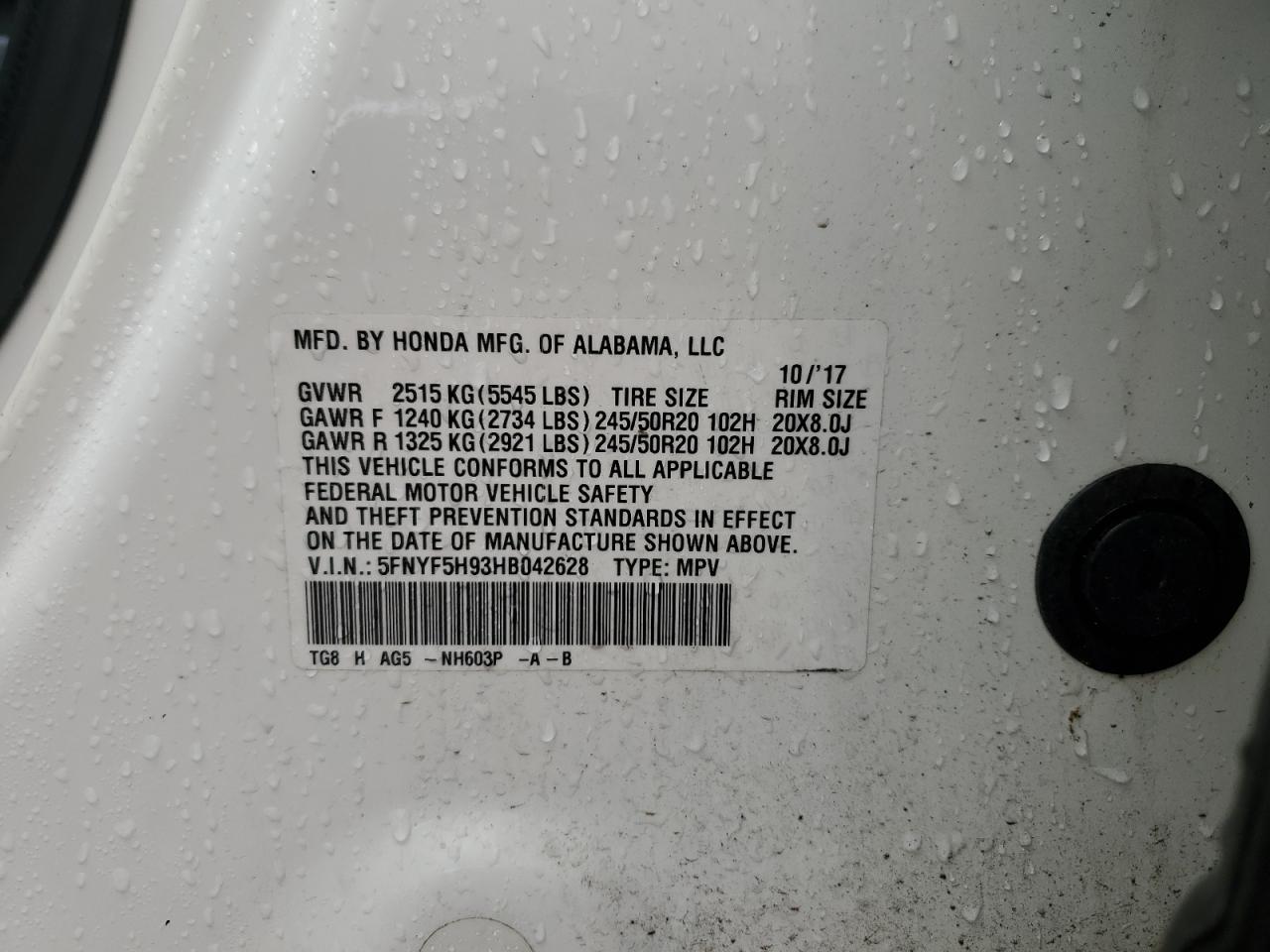 2017 Honda Pilot Touring VIN: 5FNYF5H93HB042628 Lot: 63631864