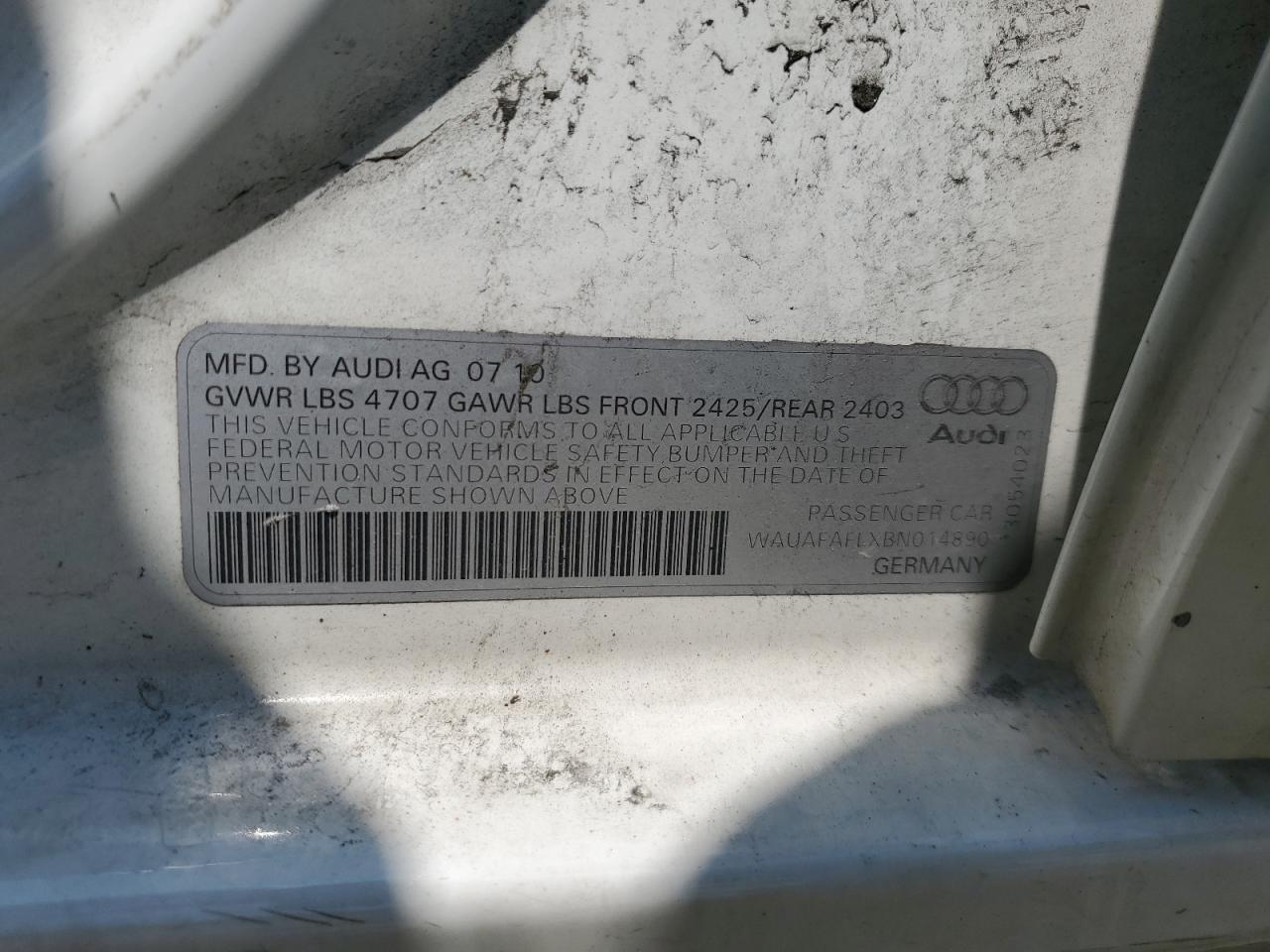 2011 Audi A4 Premium VIN: WAUAFAFLXBN014890 Lot: 64879094