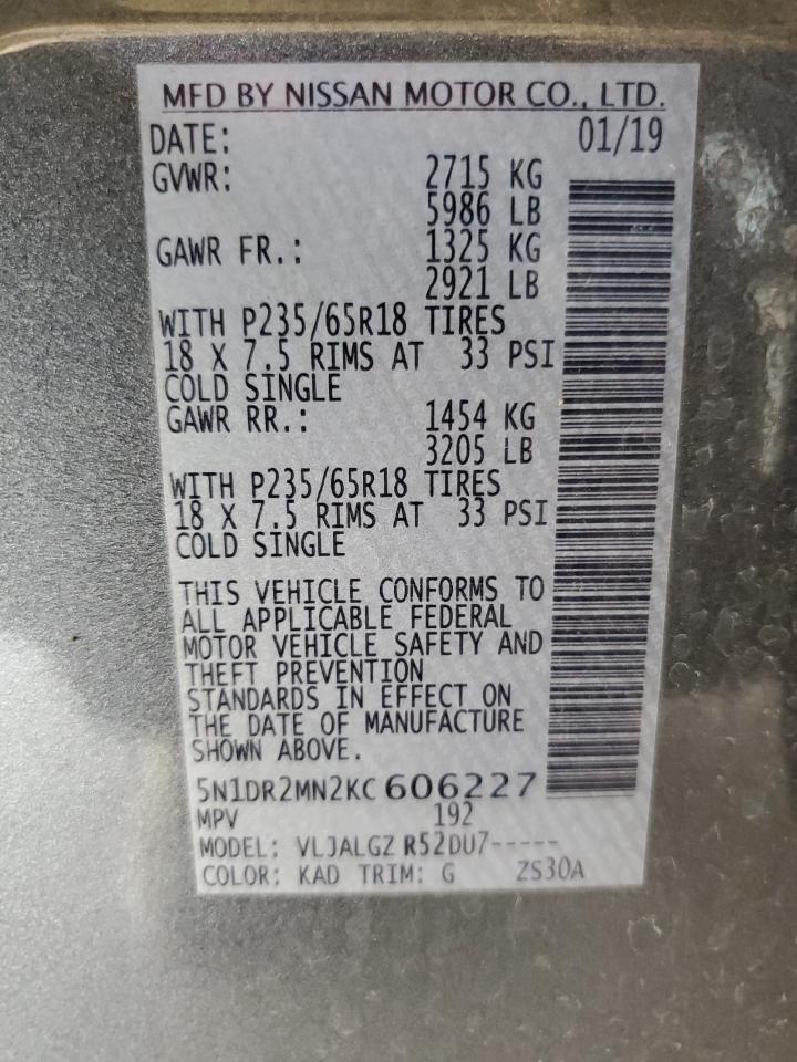 2019 Nissan Pathfinder S VIN: 5N1DR2MN2KC606227 Lot: 64281764