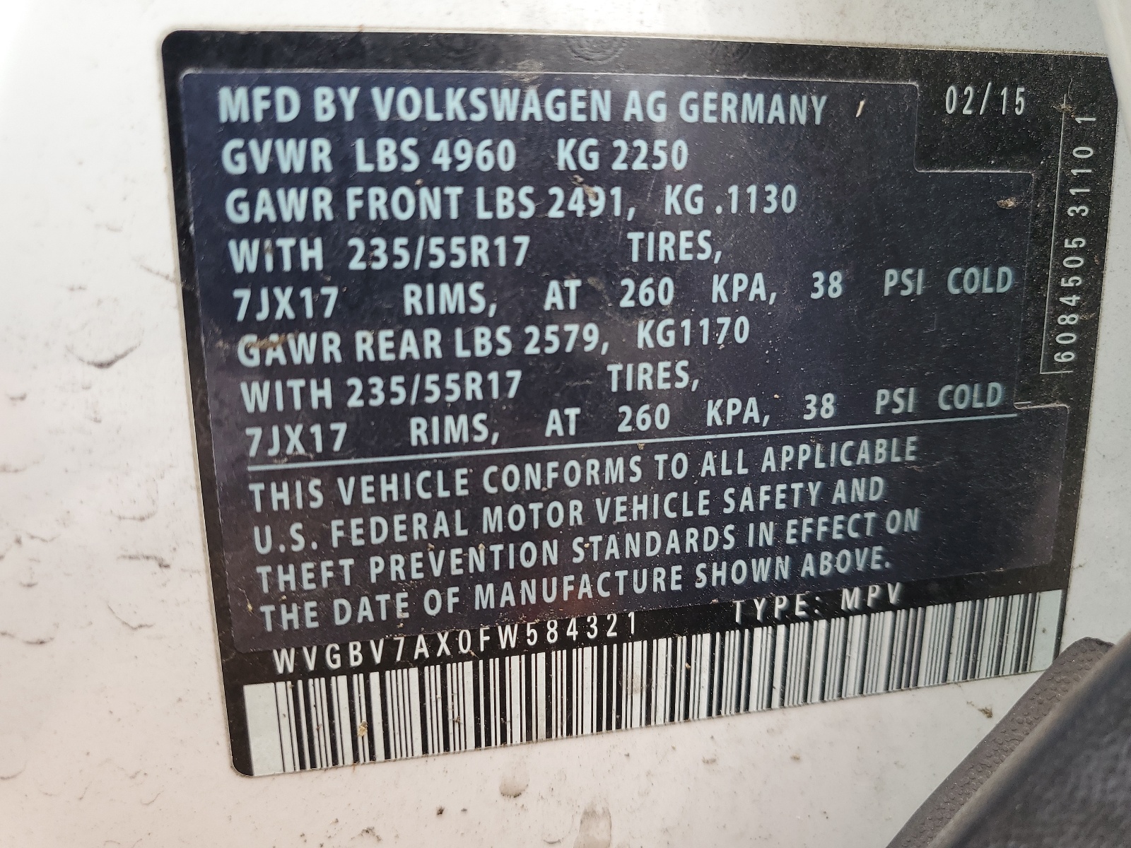 WVGBV7AX0FW584321 2015 Volkswagen Tiguan S