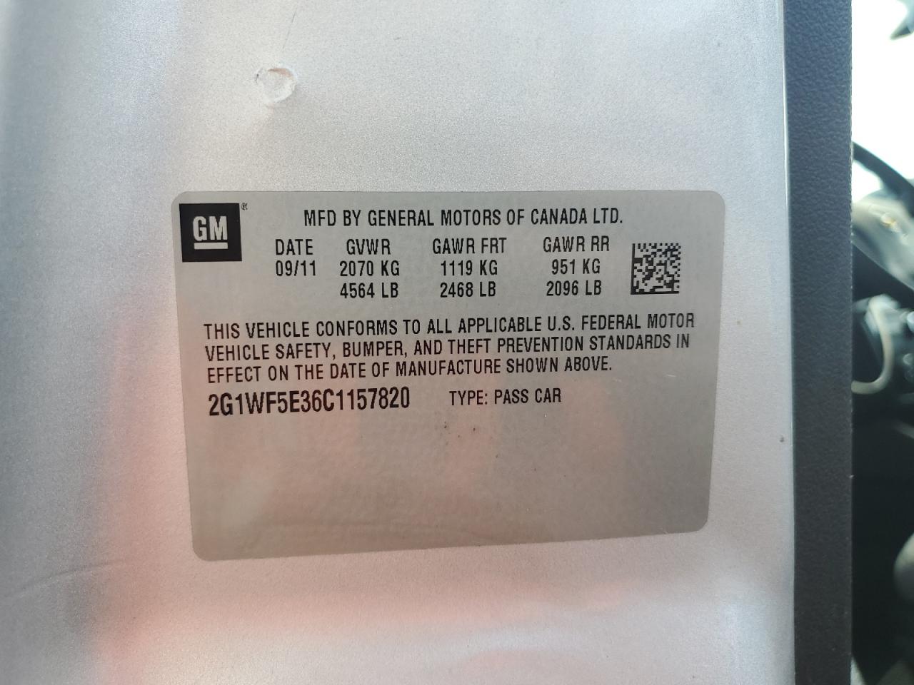 2012 Chevrolet Impala Ls VIN: 2G1WF5E36C1157820 Lot: 61840684