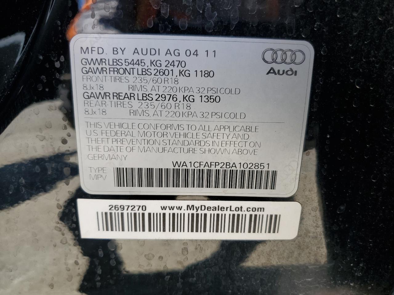 2011 Audi Q5 Premium VIN: WA1CFAFP2BA102851 Lot: 65588404