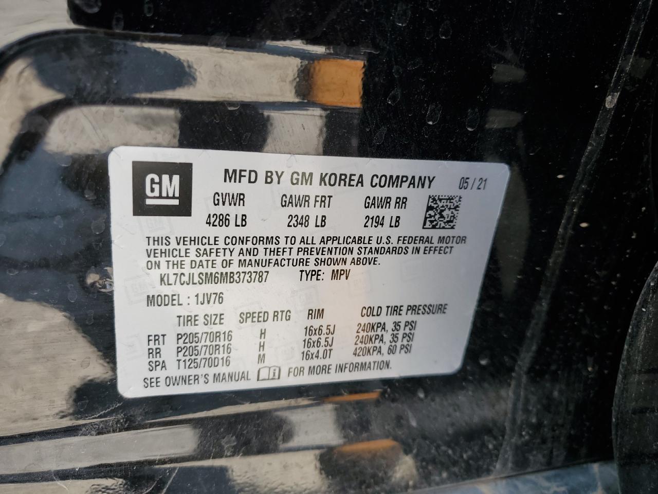 2021 Chevrolet Trax 1Lt VIN: KL7CJLSM6MB373787 Lot: 64809164