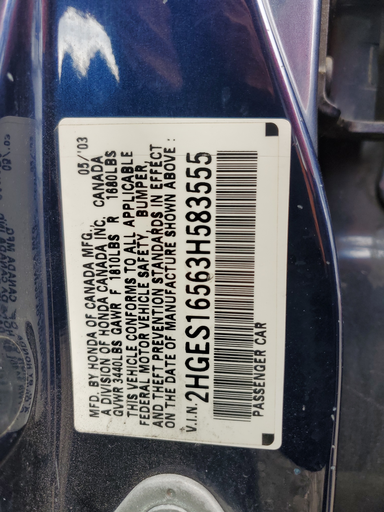 2HGES16563H583555 2003 Honda Civic Lx