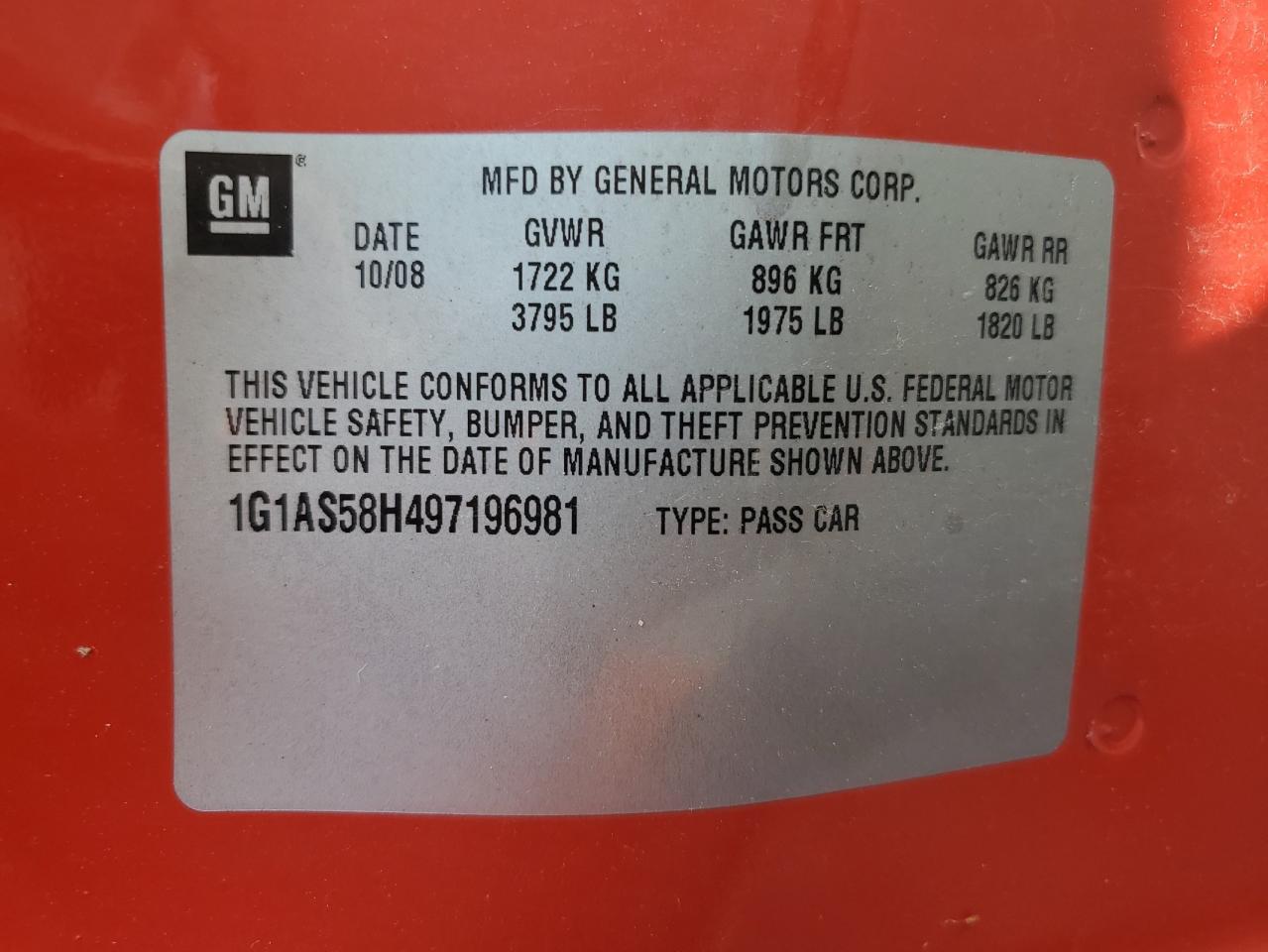 2009 Chevrolet Cobalt Ls VIN: 1G1AS58H497196981 Lot: 64009934