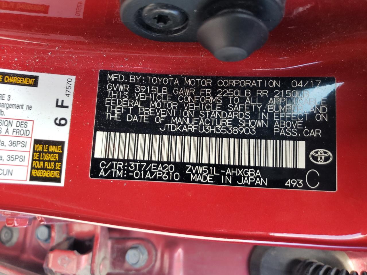 JTDKARFU3H3538903 TOYOTA PRIUS 2017