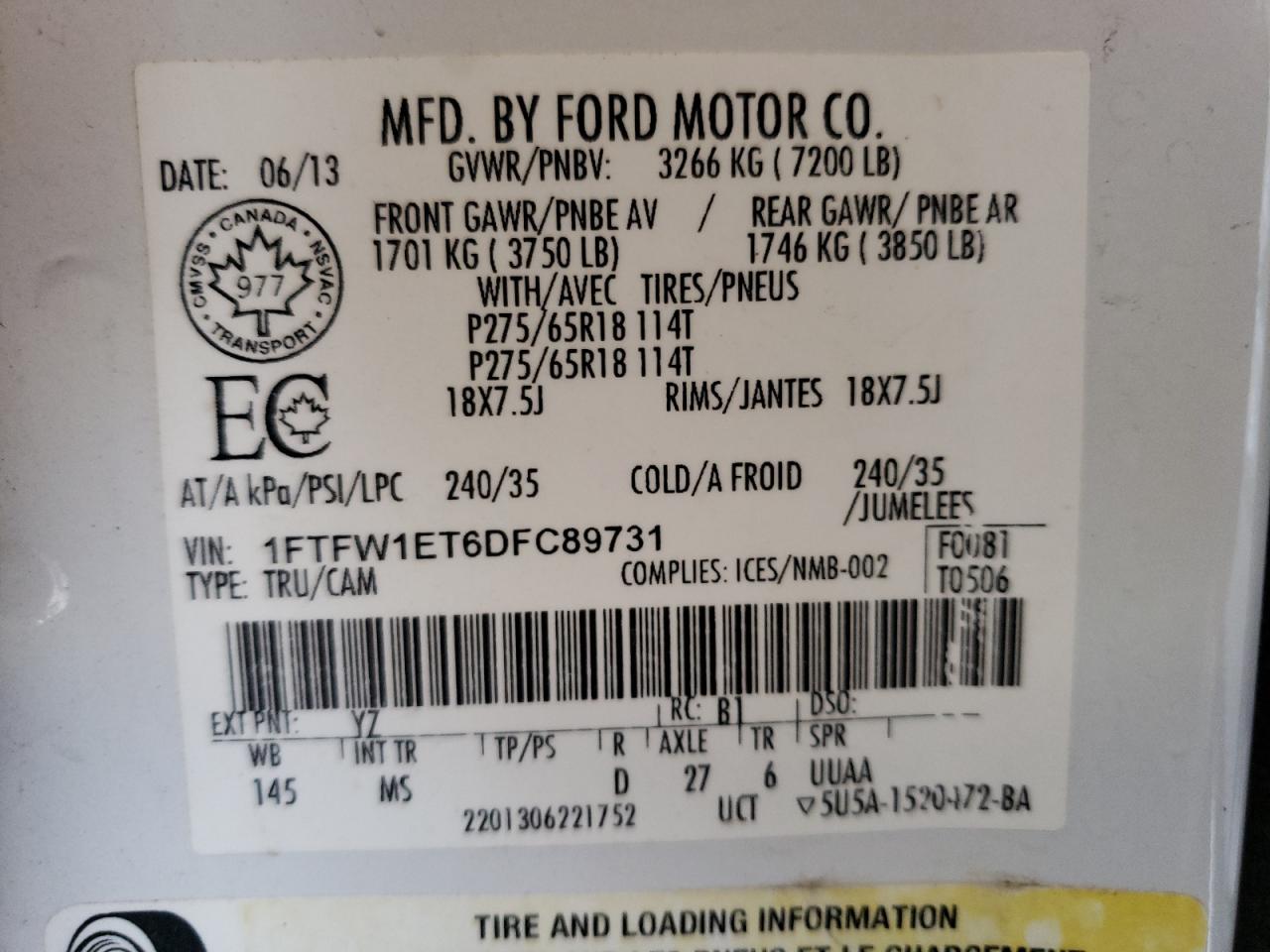 2013 Ford F150 Supercrew VIN: 1FTFW1ET6DFC89731 Lot: 61430844