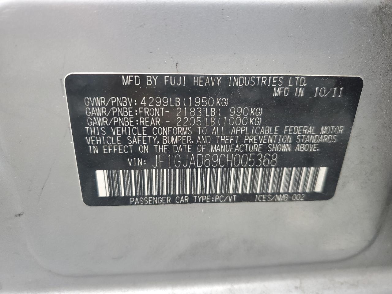 2012 Subaru Impreza Premium VIN: JF1GJAD69CH005368 Lot: 63619284