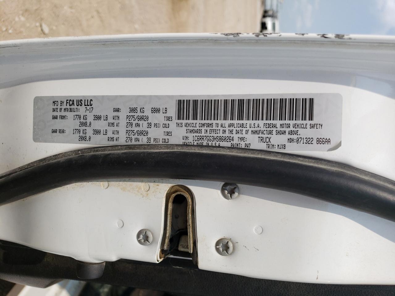 2017 Ram 1500 Slt VIN: 1C6RR7GG3HS860264 Lot: 63955664