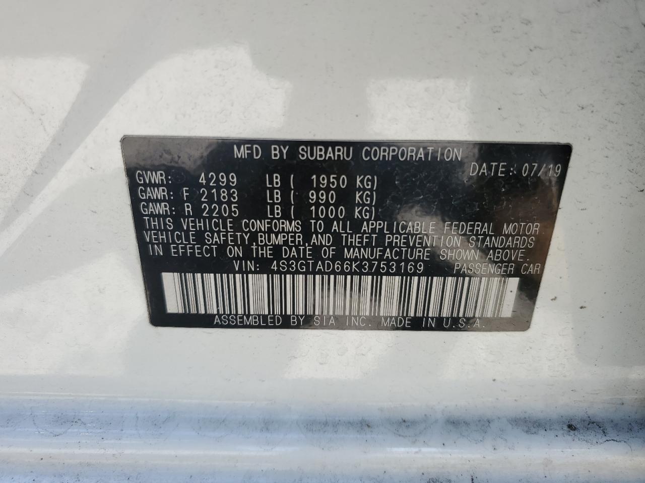 2019 Subaru Impreza Premium VIN: 4S3GTAD66K3753169 Lot: 61789404