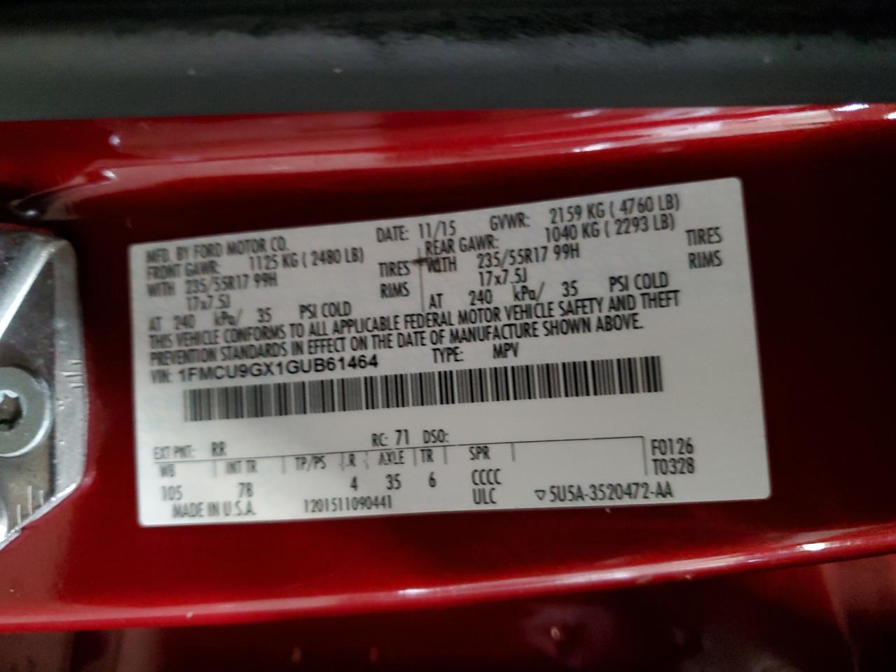 2016 Ford Escape Se VIN: 1FMCU9GX1GUB61464 Lot: 62235064