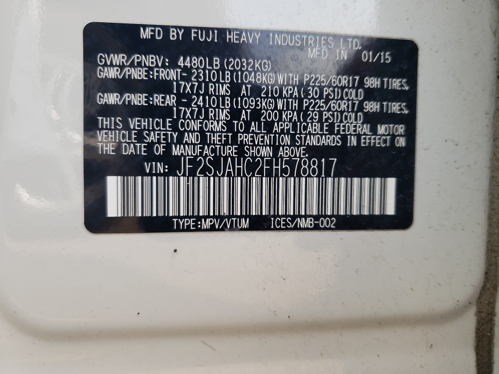 JF2SJAHC2FH578817 2015 Subaru Forester 2.5I Limited