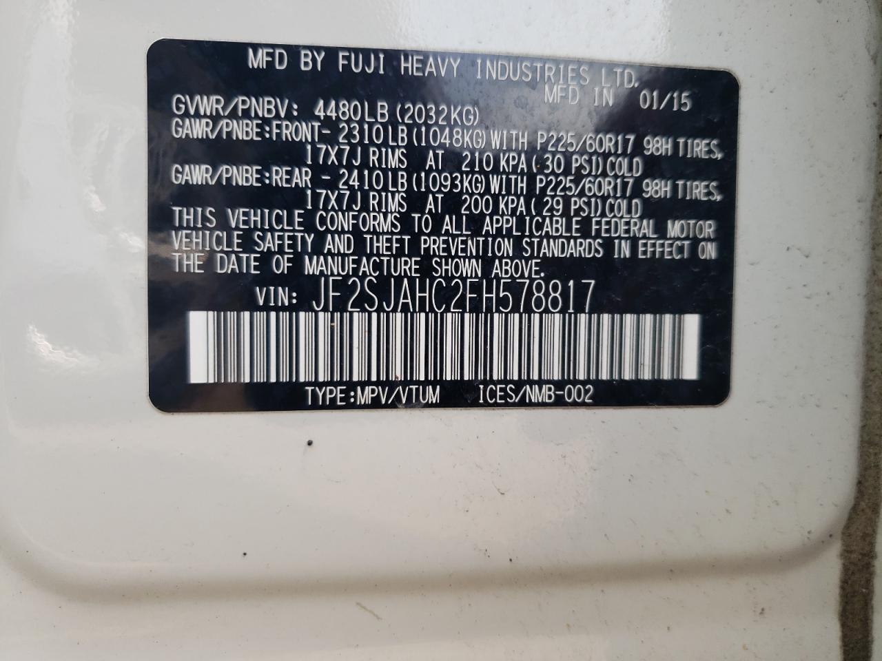 2015 Subaru Forester 2.5I Limited VIN: JF2SJAHC2FH578817 Lot: 63287704