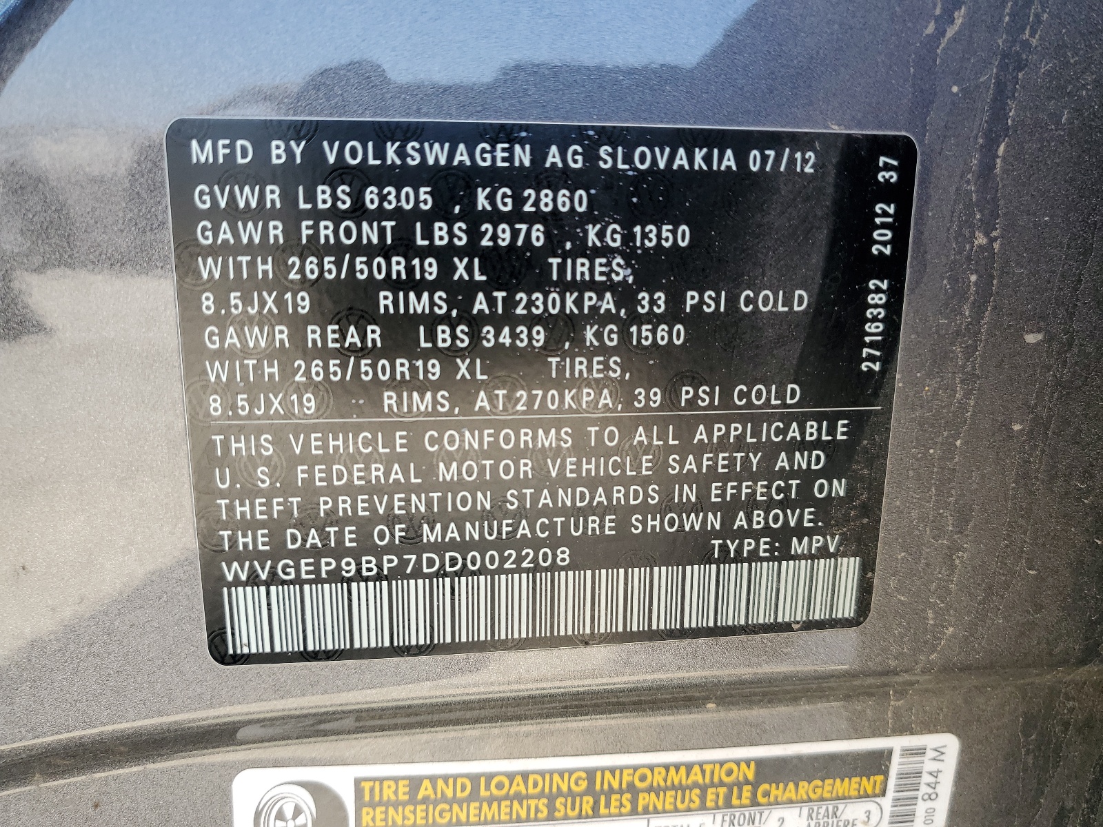 WVGEP9BP7DD002208 2013 Volkswagen Touareg V6 Tdi